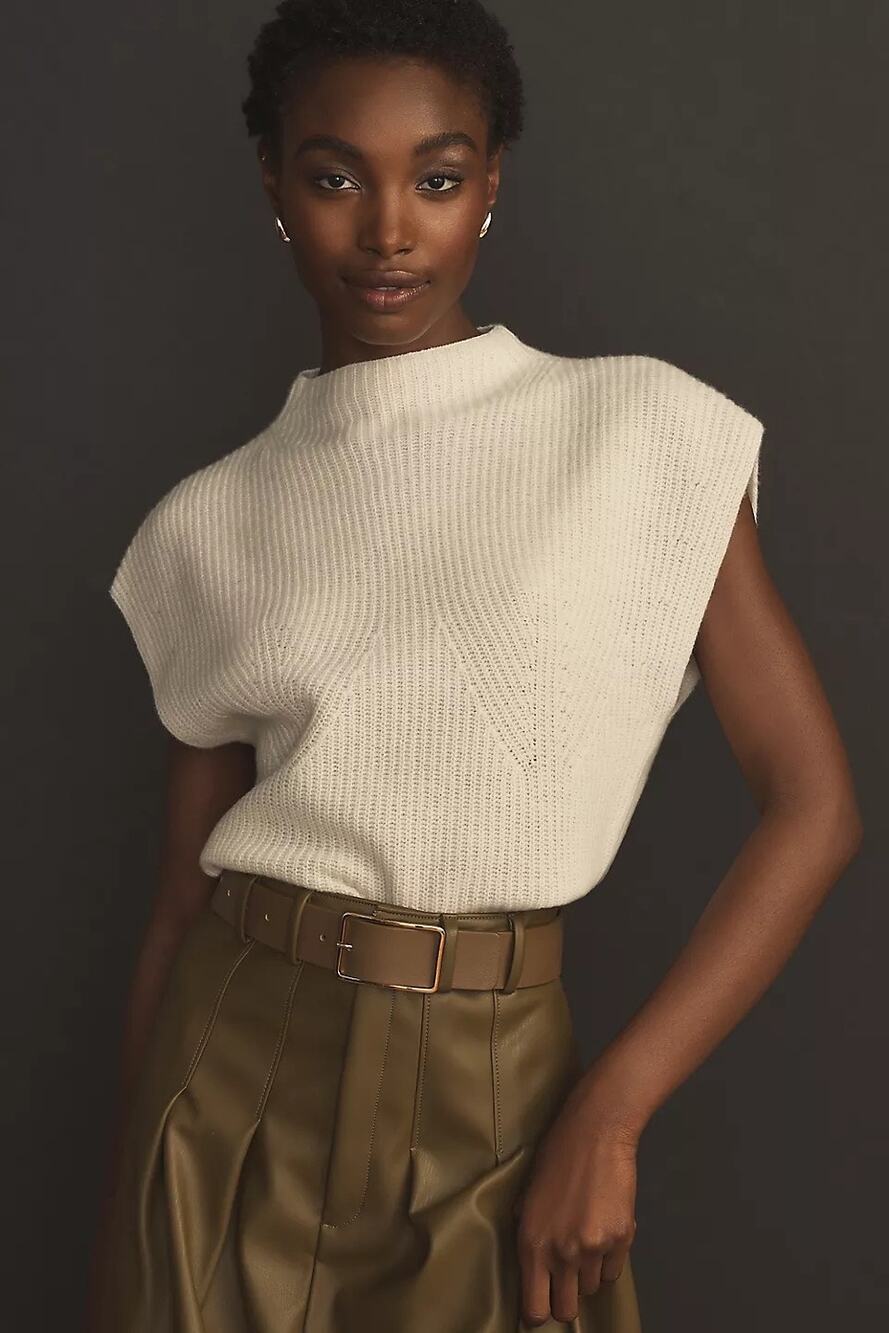 Maeve Cream Knit High Neck Sleeveless Sweater Top Minimalist Lambswool Small